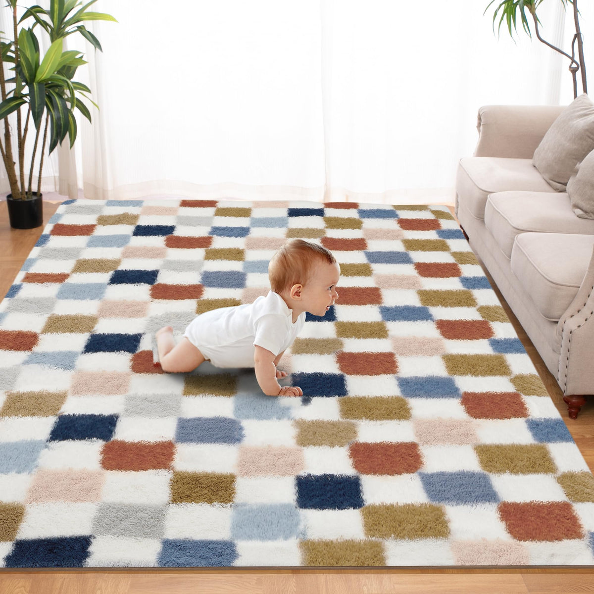 TOOHUB super soft rainbow checkered rug with plush texture for cozy comfort underfoot