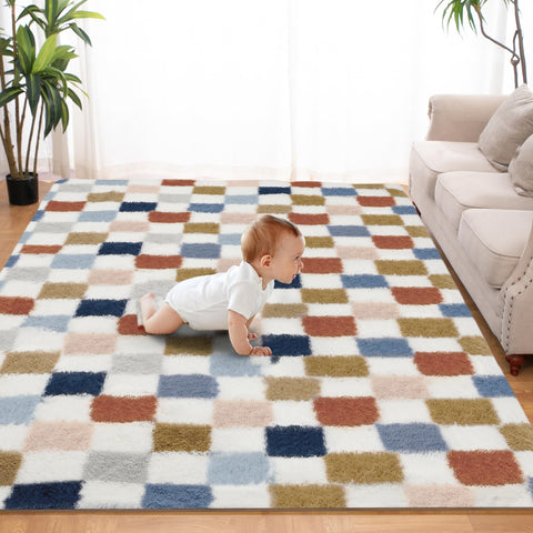 TOOHUB super soft rainbow checkered rug with plush texture for cozy comfort underfoot