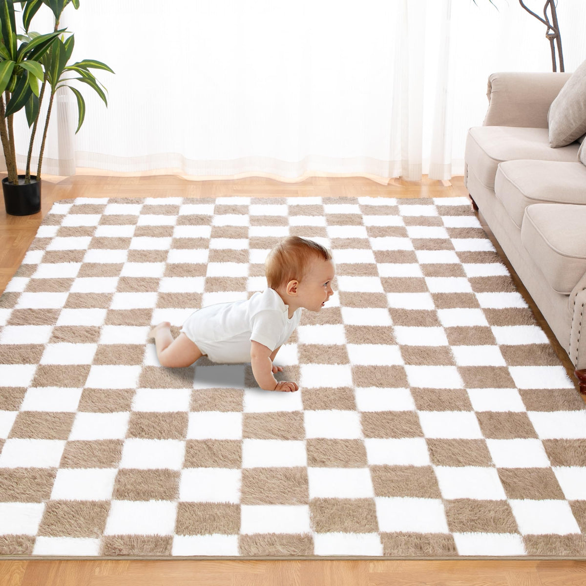 TOOHUB super-soft rug 5x8 beige-white checkered adds cozy warmth to living spaces.