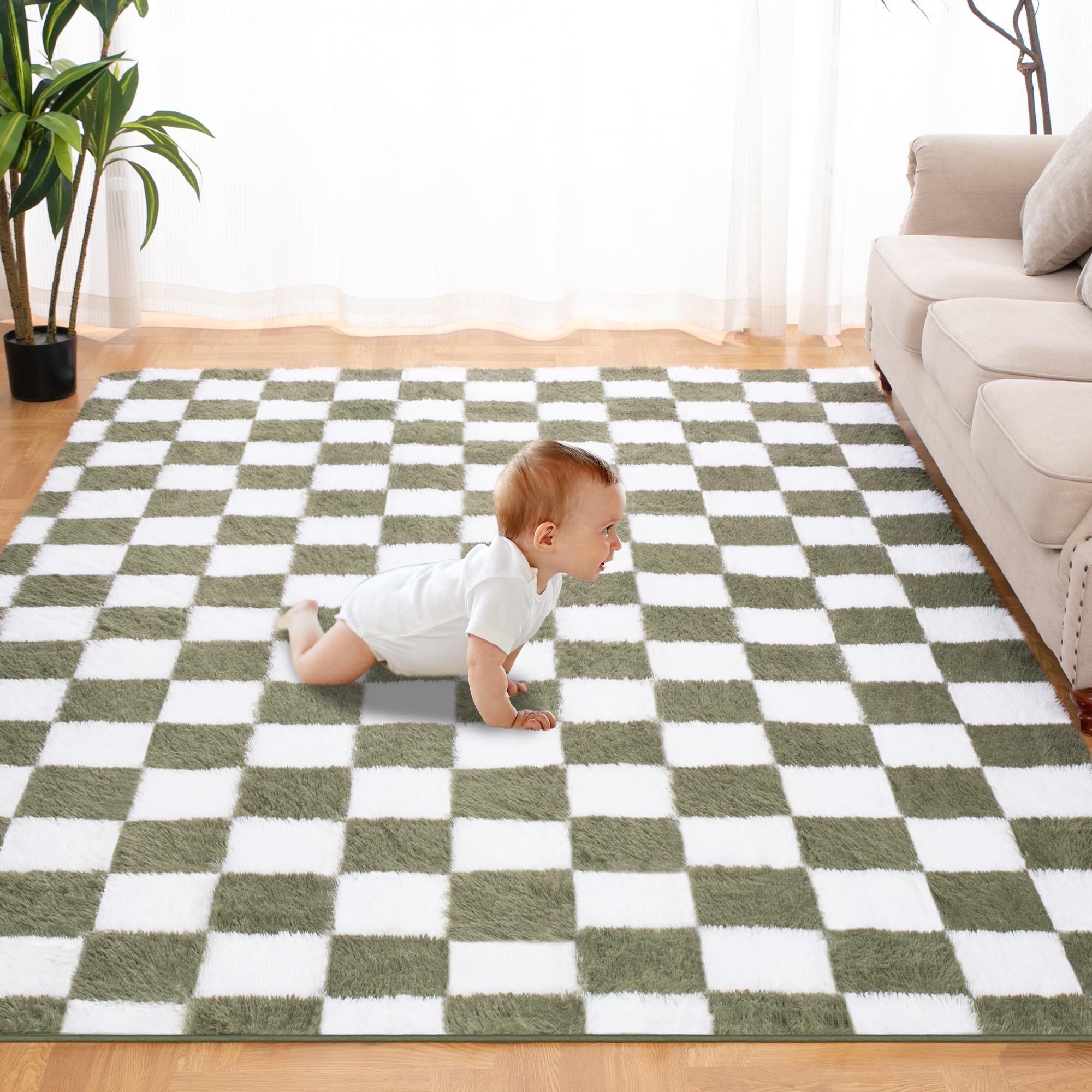 TOOHUB green and white checkered rug adds cloud-like softness to a bedroom floor