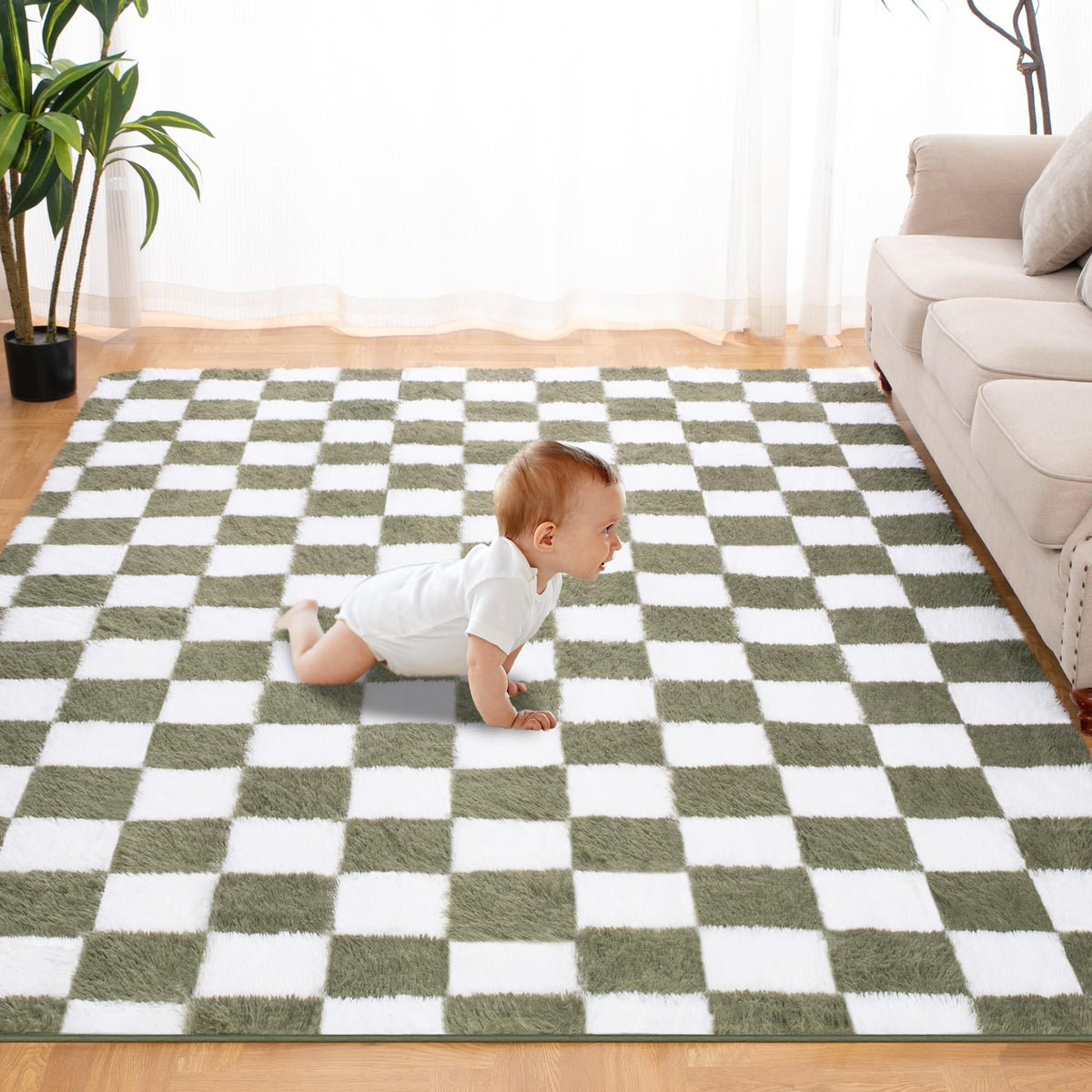 TOOHUB green and white checkered rug adds cloud-like softness to a bedroom floor