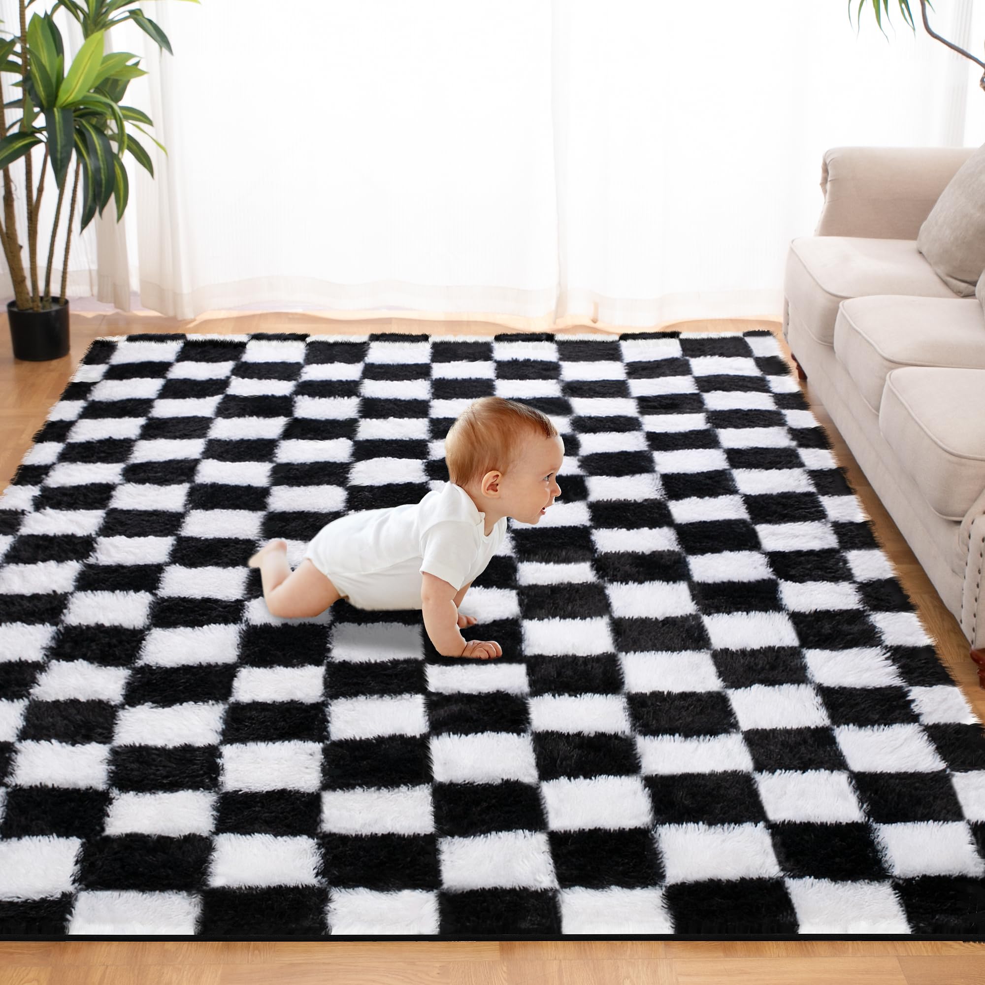 TOOHUB super soft checkered rug with plush pile providing cozy feet comfort