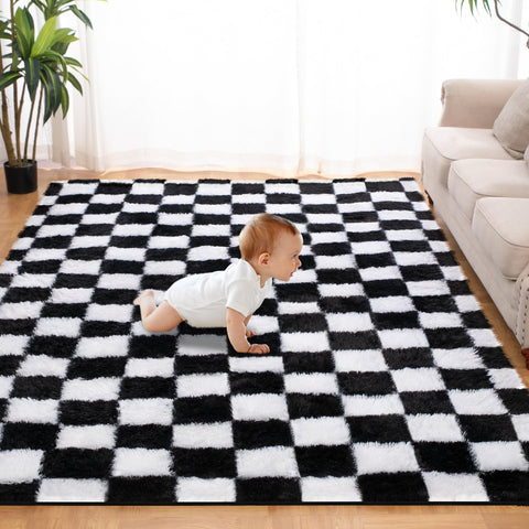 TOOHUB super soft checkered rug with plush pile providing cozy feet comfort