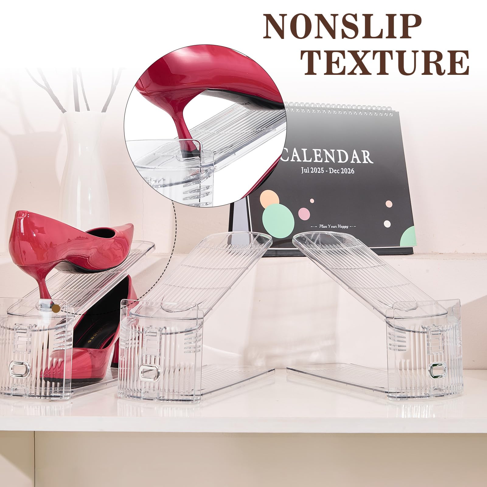 TOOKNIN double-layer shoe rack enhances closet organization and access.