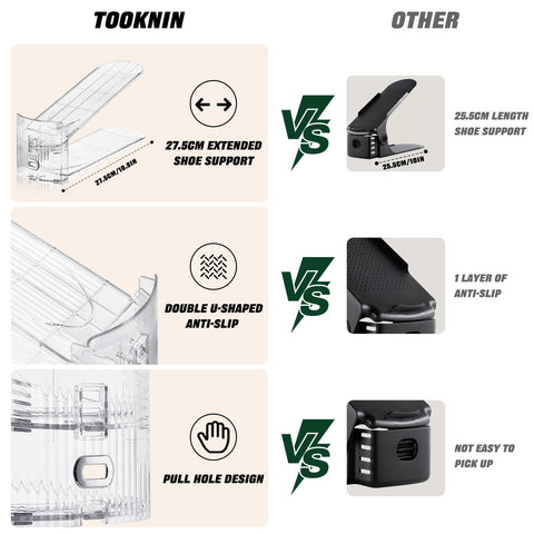 TOOKNIN space-saving shoe stackers optimize shelves with clear visibility.