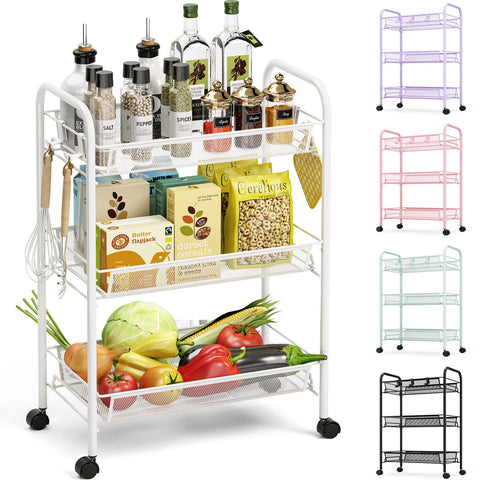 TOOLF 3-tier metal rolling cart for versatile storage in kitchen or bathroom.