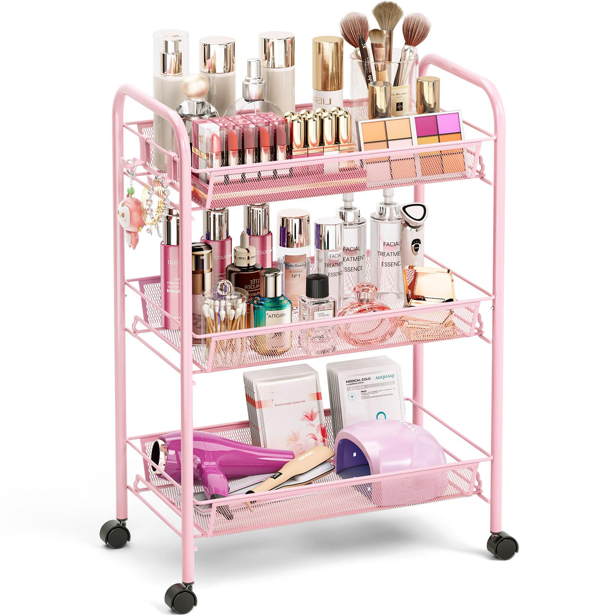 TOOLF 3-tier pink rolling cart with sturdy metal frame for organized storage.