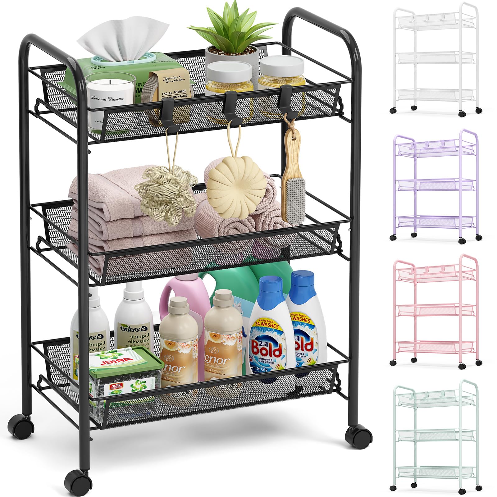 TOOLF 3-tier rolling cart in assembled view, ideal for organized spaces.