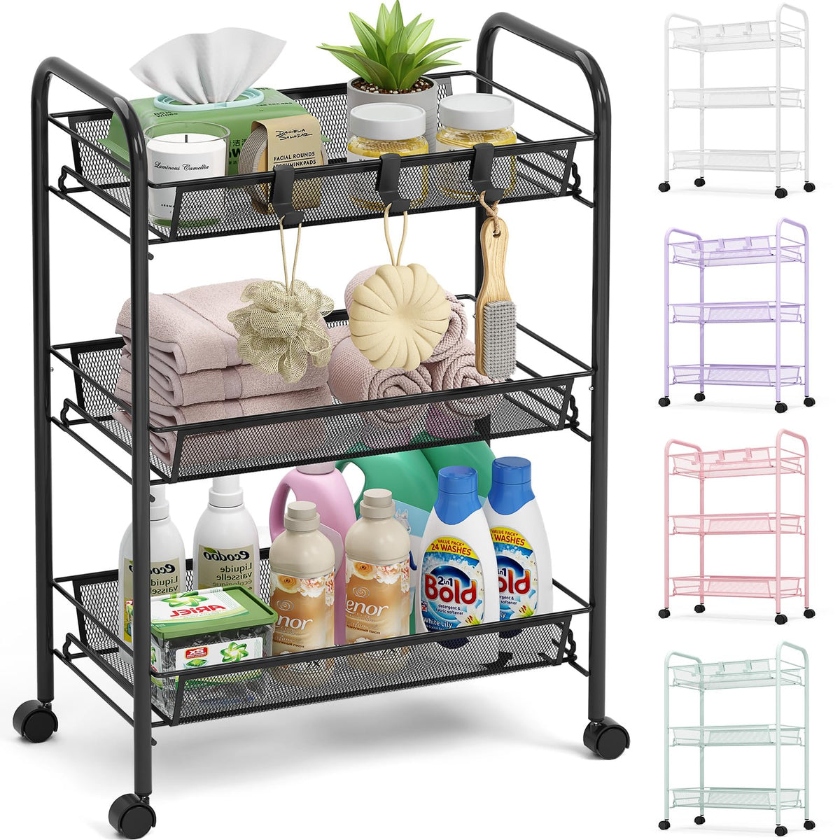 TOOLF 3-tier rolling cart in assembled view, ideal for organized spaces.