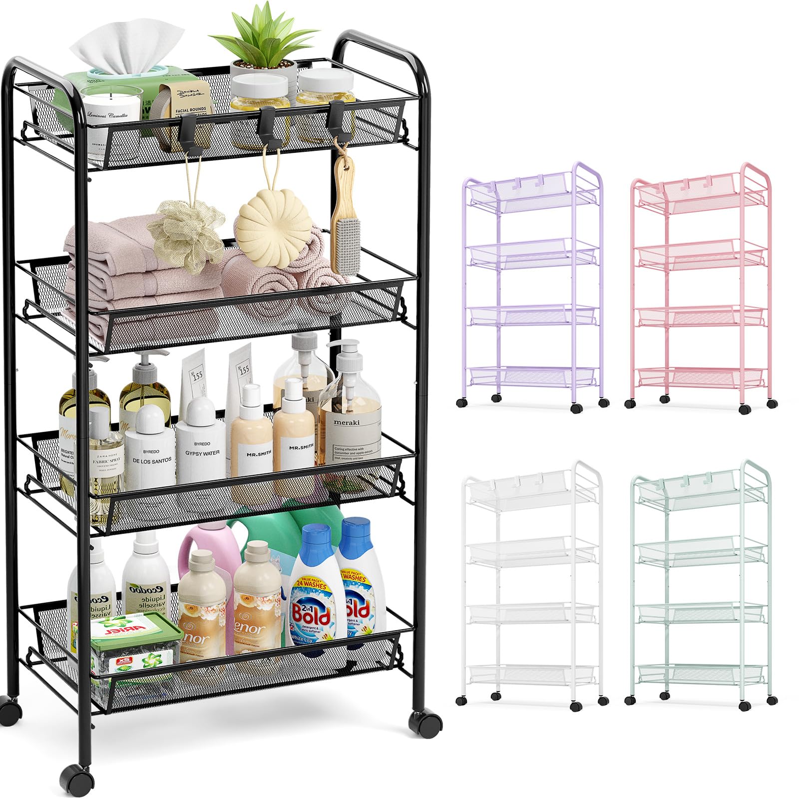 TOOLF 4-Tier Rolling Cart front view shows spacious shelves and mobility