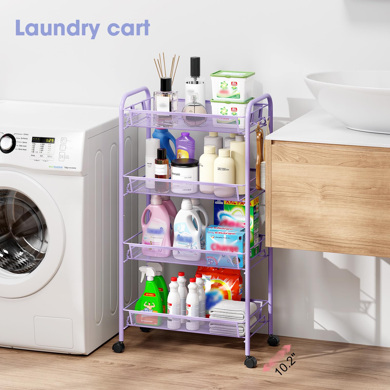 TOOLF 4-Tier Rolling Cart side view shows sturdy metal frame for durable organizing.