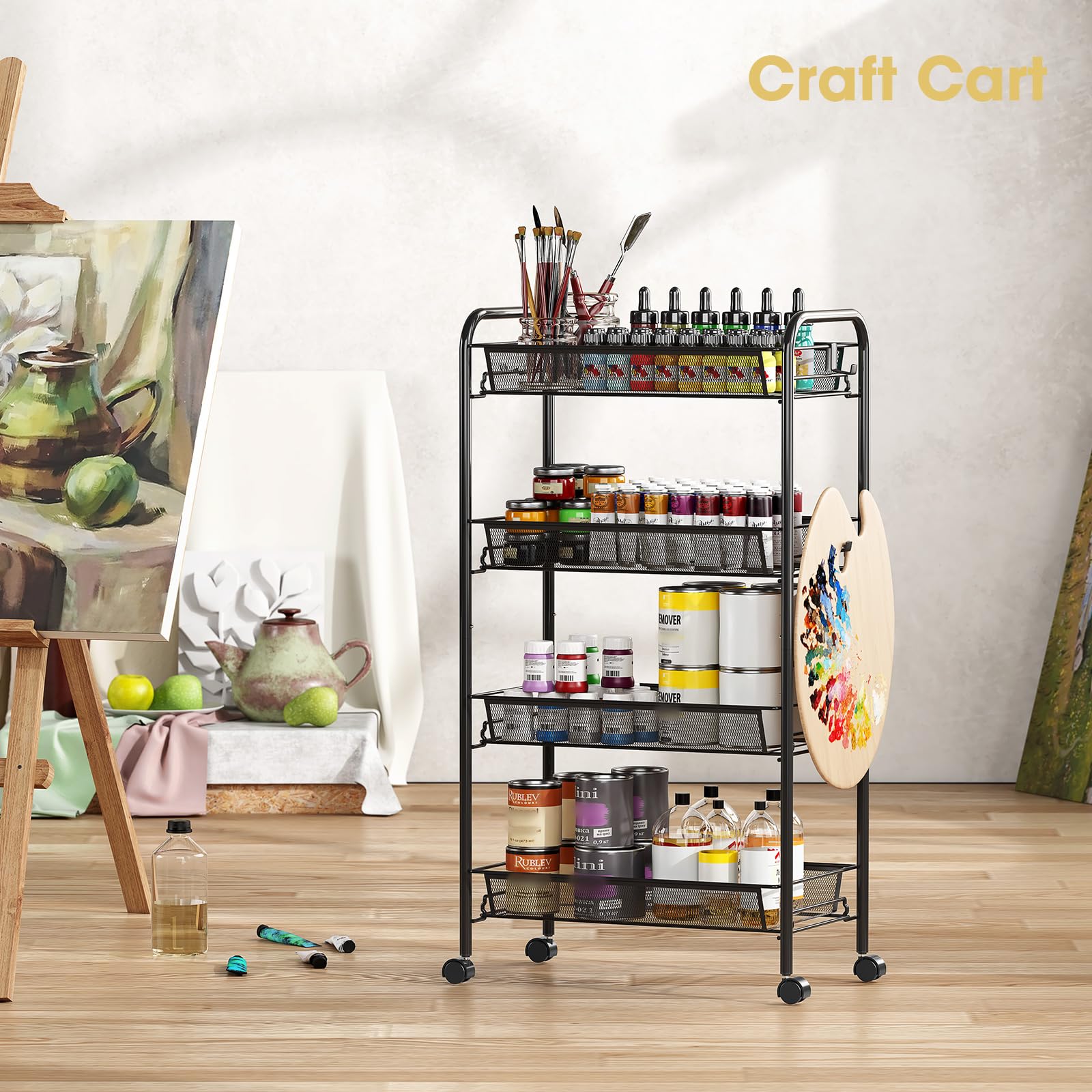 TOOLF 4-Tier Rolling Cart side view highlights slim footprint for tight spaces