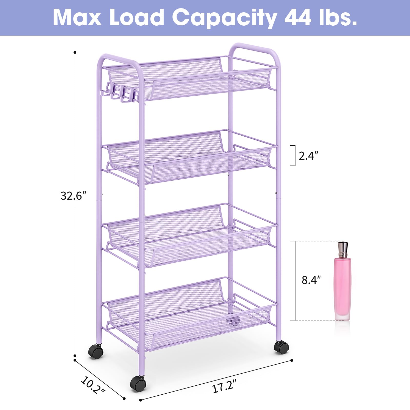 TOOLF 4-Tier Rolling Cart with hooks adds handy side storage solutions.
