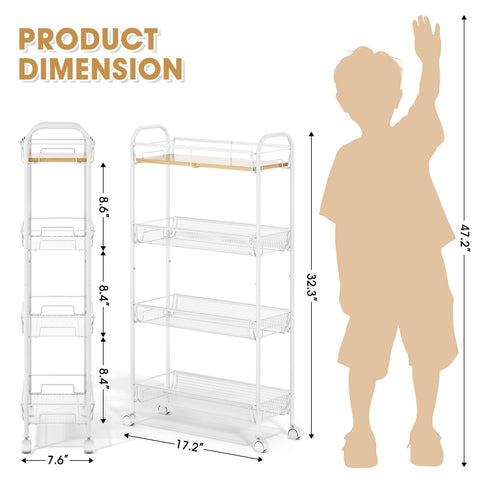TOOLF 4-Tier Slim Rolling Cart with mesh baskets—keeps items organized and visible.