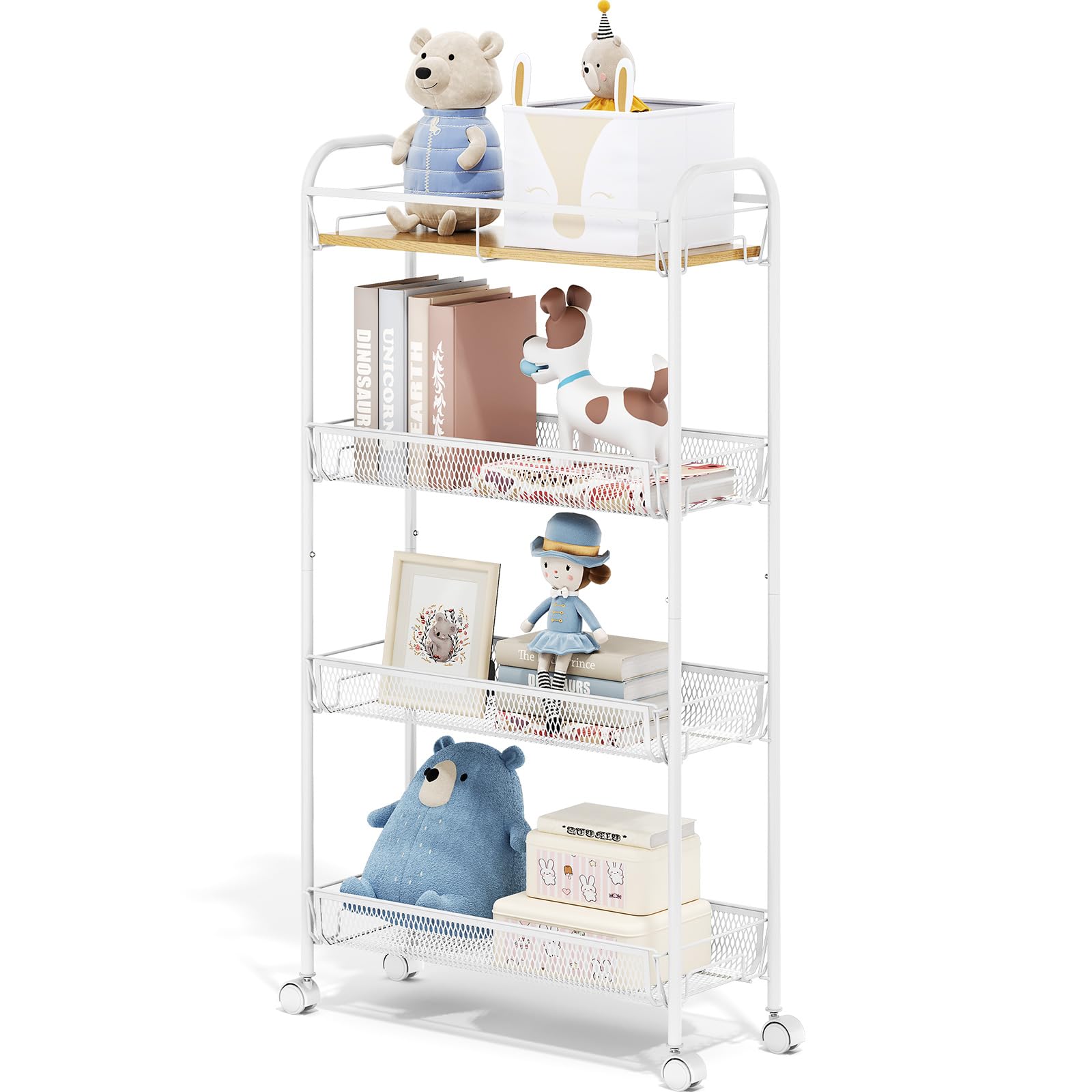 TOOLF 4-Tier Slim Rolling Cart with wooden tabletop, ideal for compact kitchens.