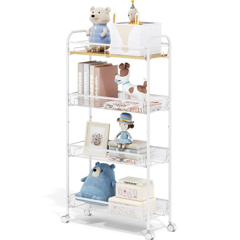 TOOLF 4-Tier Slim Rolling Cart with wooden tabletop, ideal for compact kitchens.