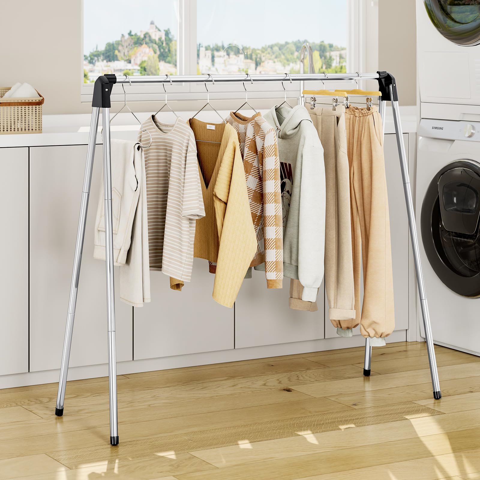 TOOLF rack demonstrates indoor-outdoor versatility for flexible drying in different spaces.