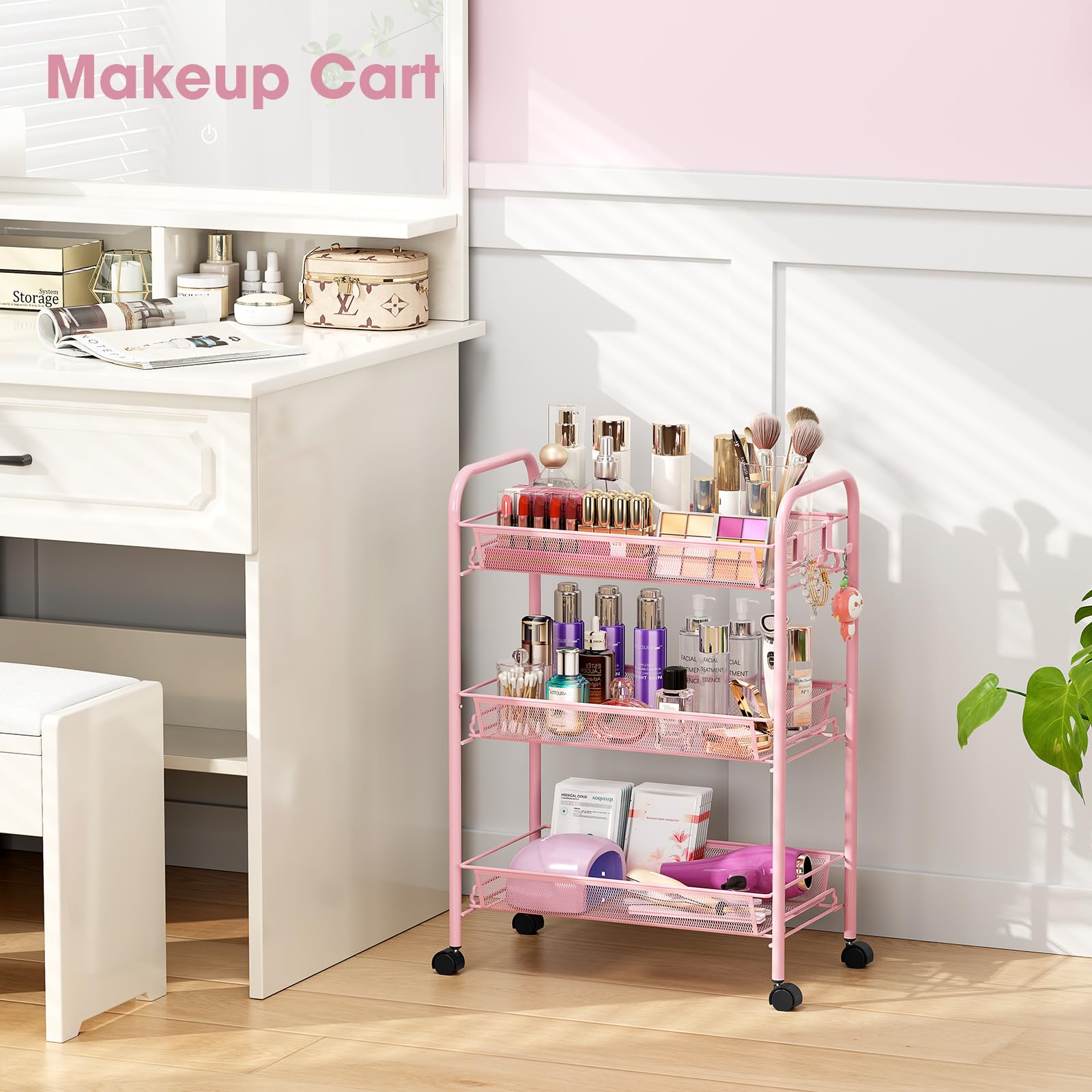TOOLF pink cart fits neatly beside desks or in narrow corners.