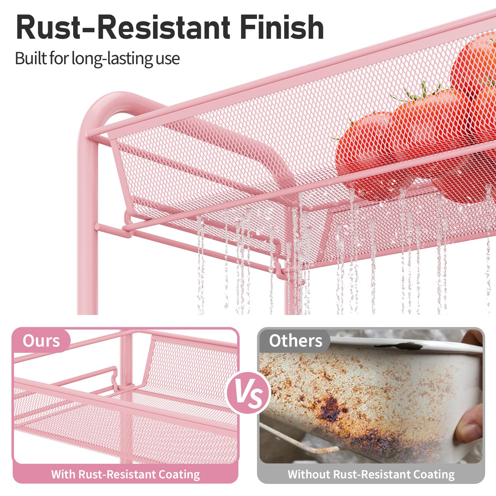 TOOLF pink metal cart shelves maximize vertical storage in compact spaces.