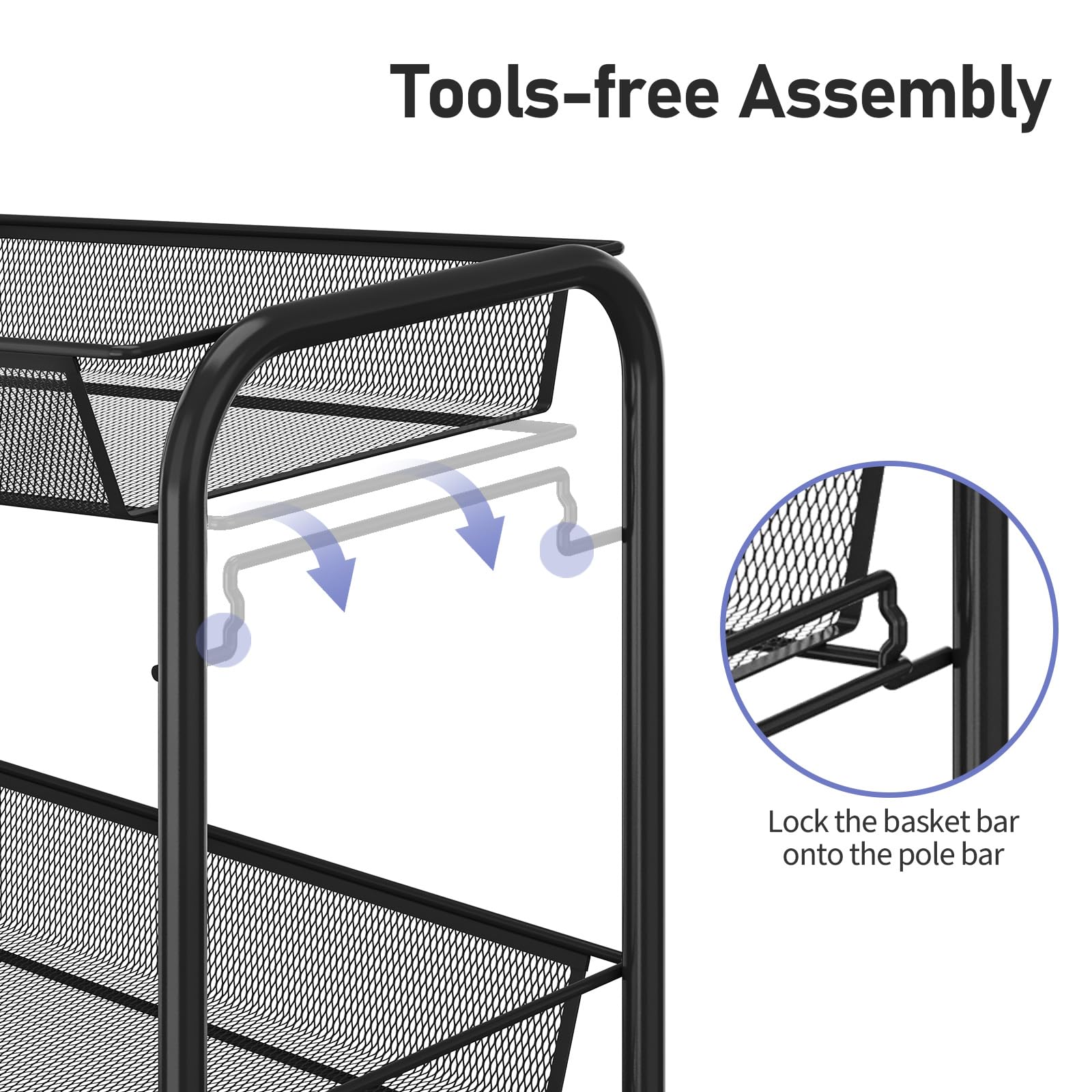 TOOLF rolling cart with 4 wheels, smooth and quiet mobility.
