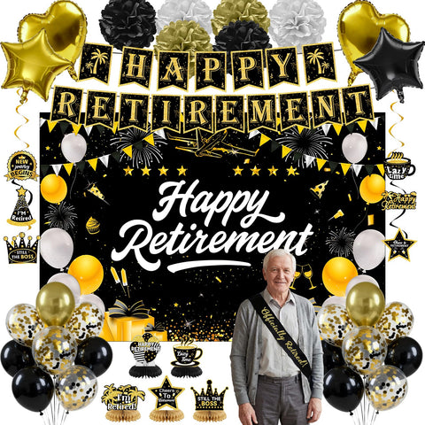 Toosci happy retirement banner adds festive black and gold flair.