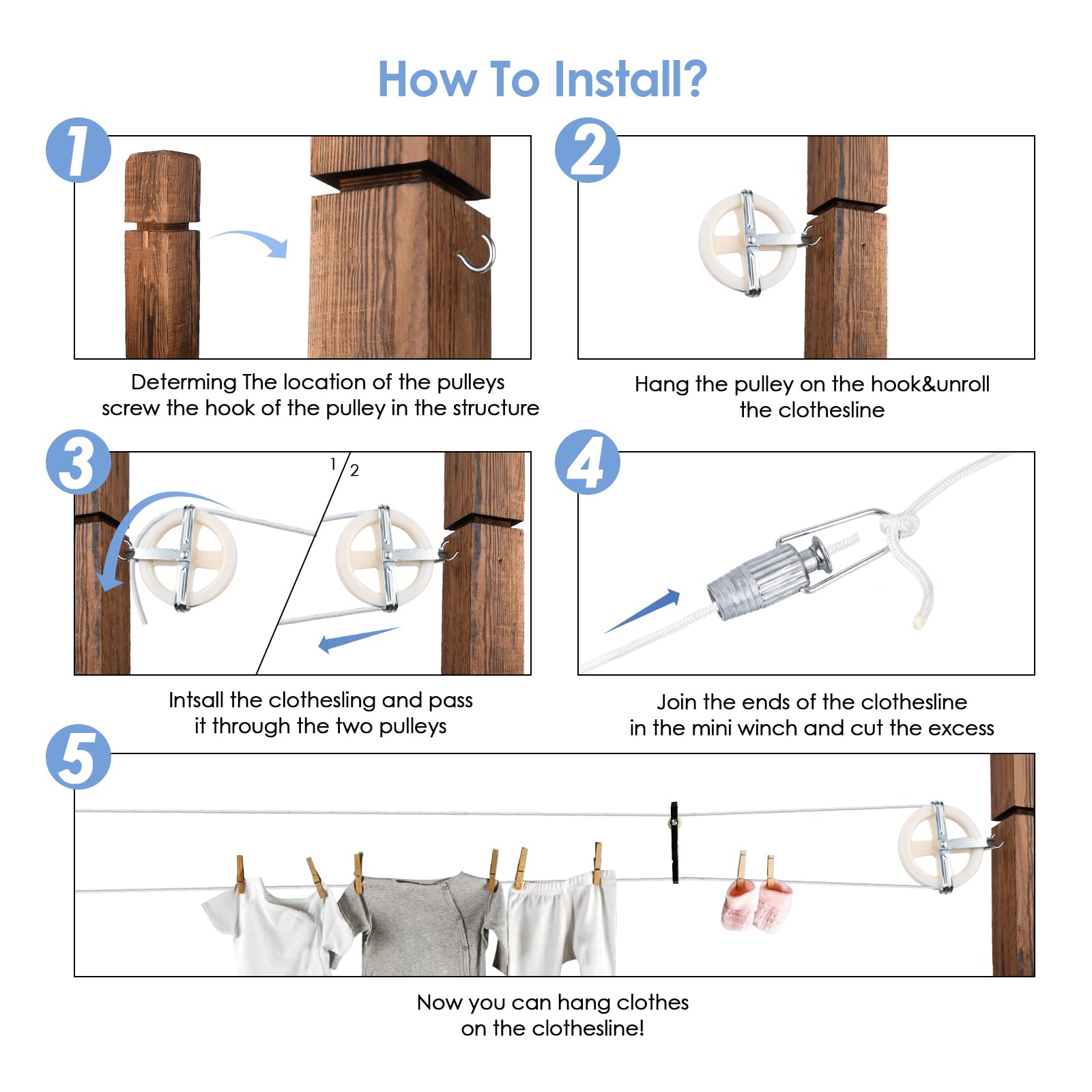 Galvanized fasteners secure the line to trees for a sturdy setup.