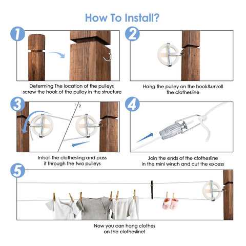 Galvanized fasteners secure the line to trees for a sturdy setup.