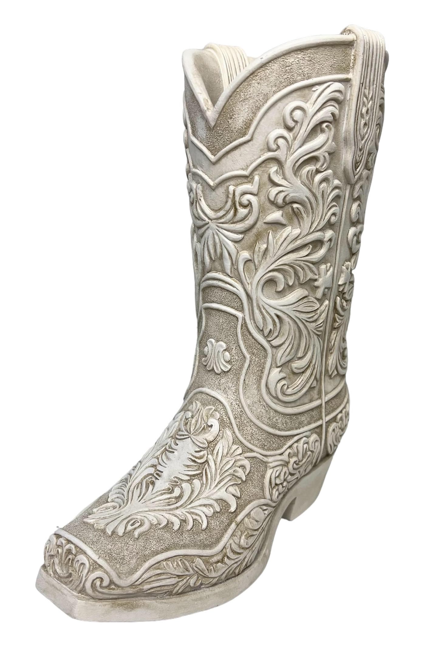 Top Brass Cowgirl Boot Flower Vase with antique white finish, ideal as a centerpiece accent.