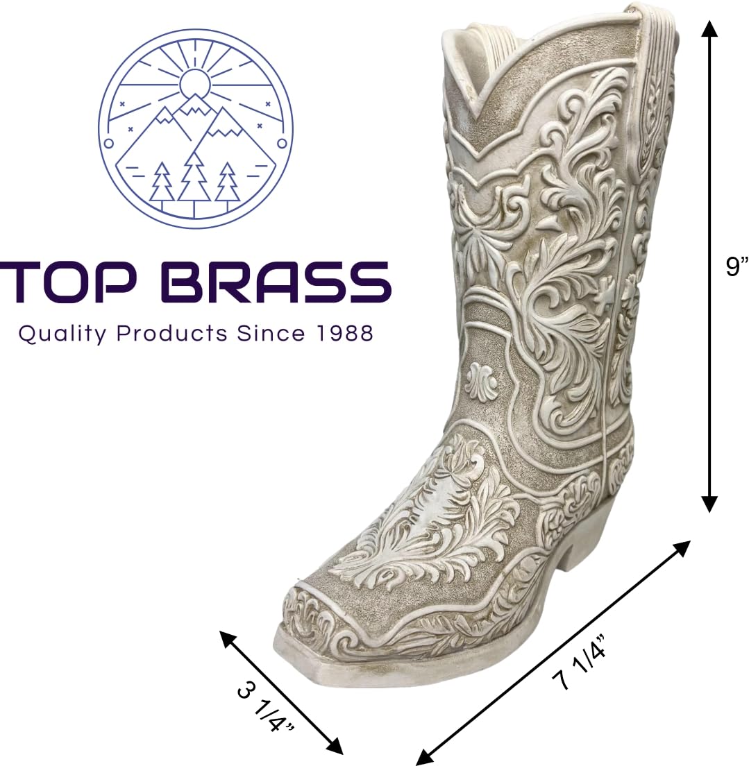 Top Brass Cowgirl Boot Flower Vase nine-inch height, perfect for mantle displays.