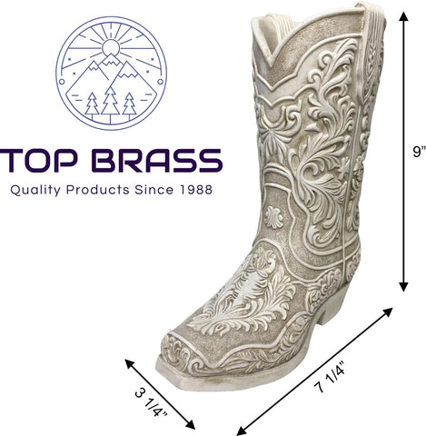 Top Brass Cowgirl Boot Flower Vase nine-inch height, perfect for mantle displays.