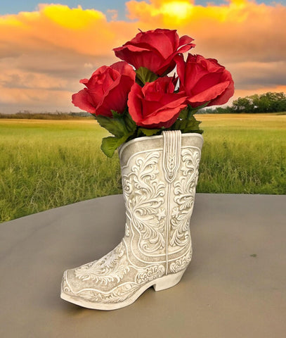 Top Brass Cowgirl Boot Flower Vase with tooled leather detail, adds western charm to any room.