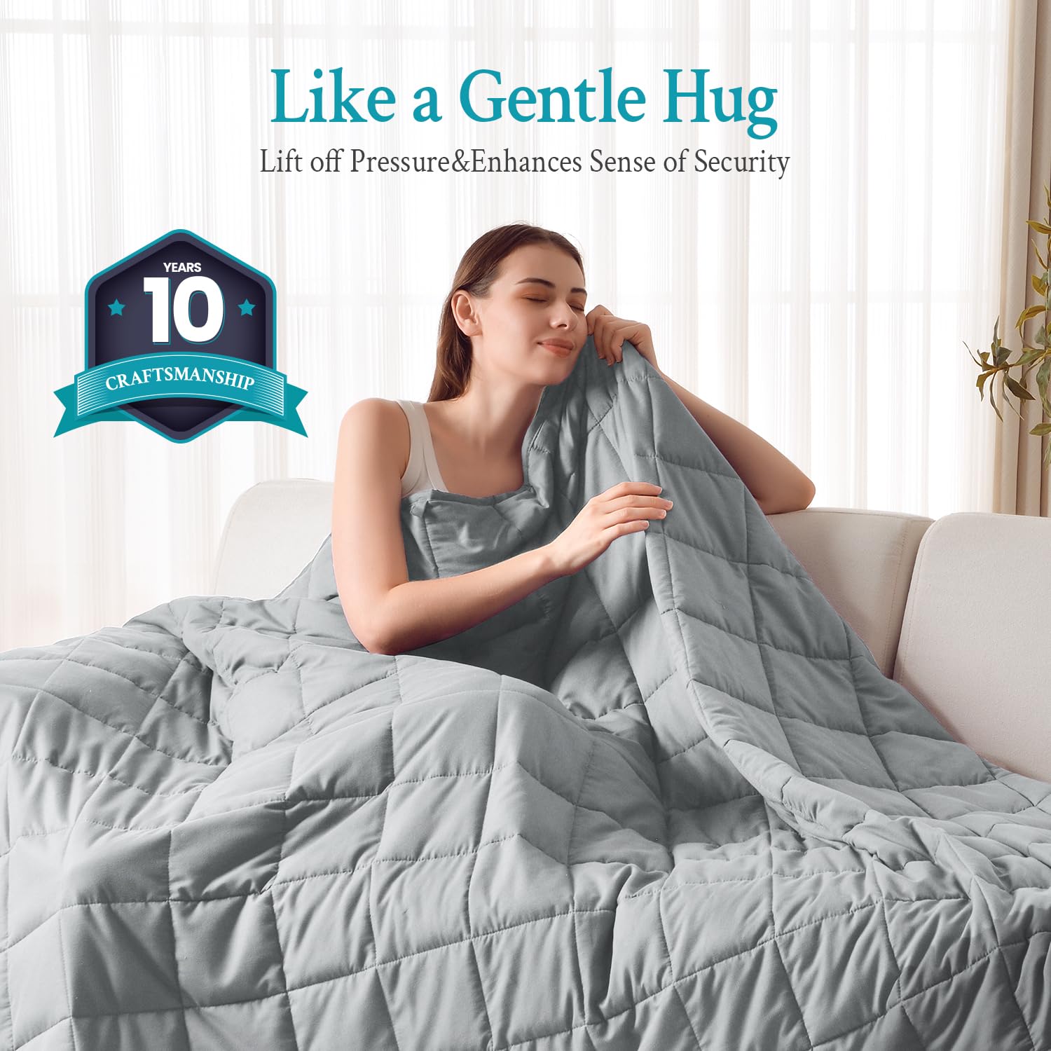 Topblan weighted blanket with glass beads for even weight distribution.