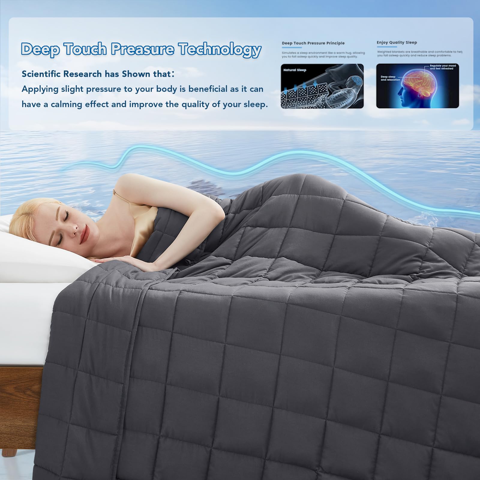 Topcee weighted blanket king-size draped over bed shows full-body coverage.