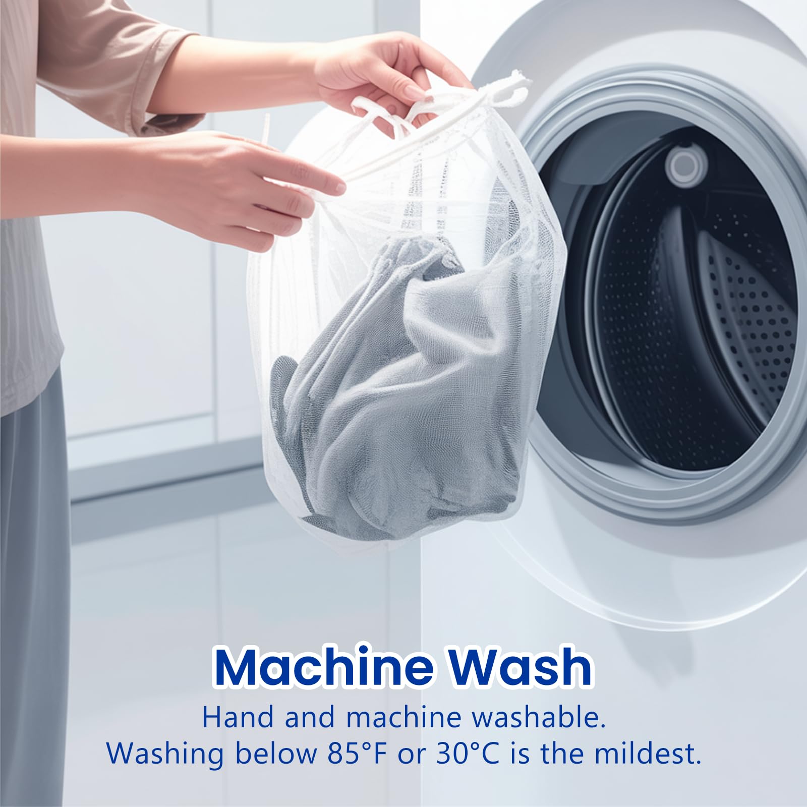Care instructions show machine washing and air drying for easy maintenance.