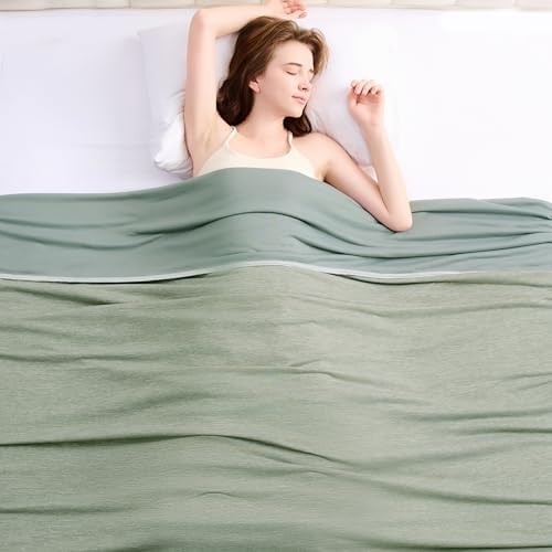 Topcee cooling blanket folded on bed showing queen size and portability for night sweats.