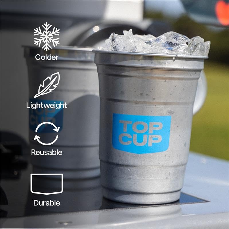 Top Cup cold-holding aluminum cups shown keeping drinks refreshing.