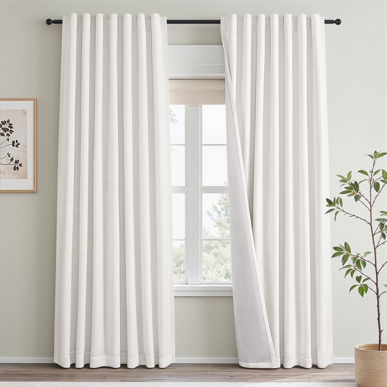 Topfinel 84-inch natural blackout curtains front view shows linen texture and total light blockage
