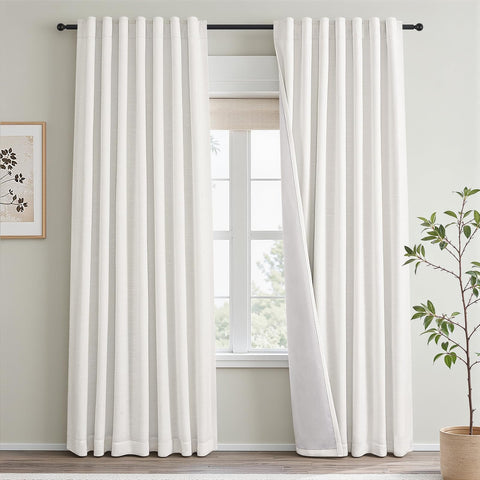 Topfinel 84-inch natural blackout curtains front view shows linen texture and total light blockage