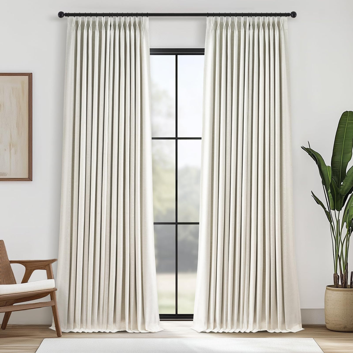 Topfinel 96in blackout curtain fabric close-up shows dense linen blend for privacy and light control