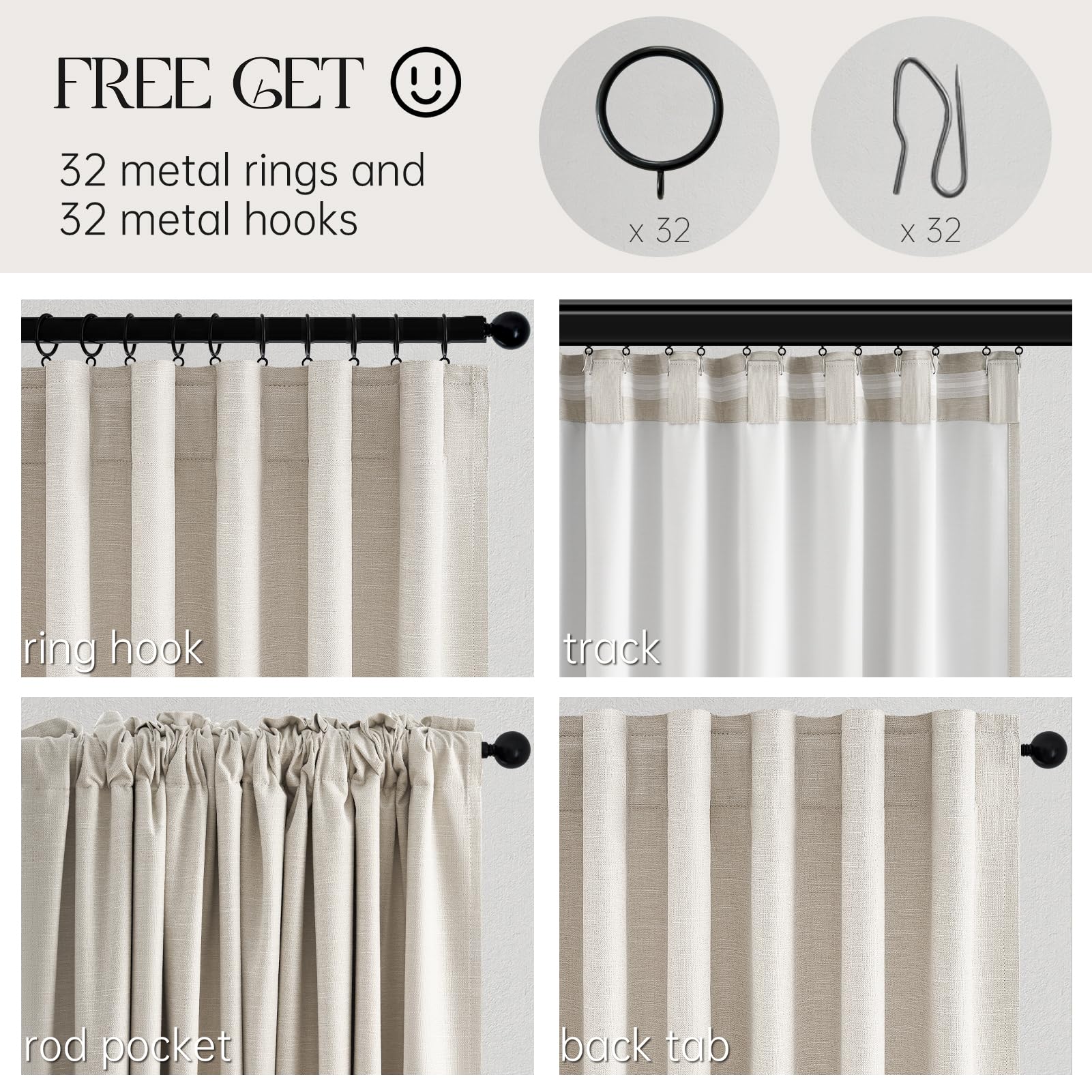 Topfinel back-tabs and rod-pocket hooks offer versatile hanging options.