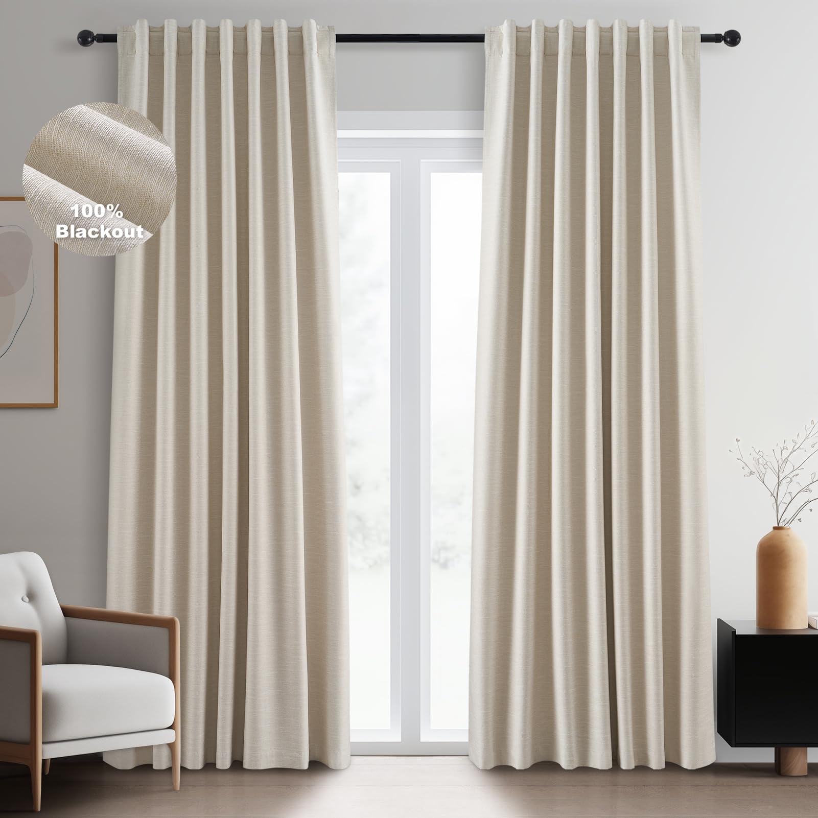 Topfinel beige linen blackout curtains close-up showing privacy benefits