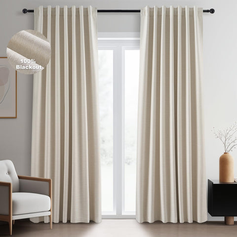 Topfinel beige linen blackout curtains close-up showing privacy benefits