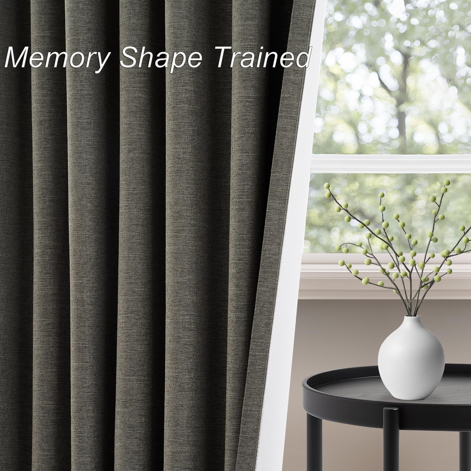 Topfinel Grey Linen Blackout Curtains room ambience with soft light