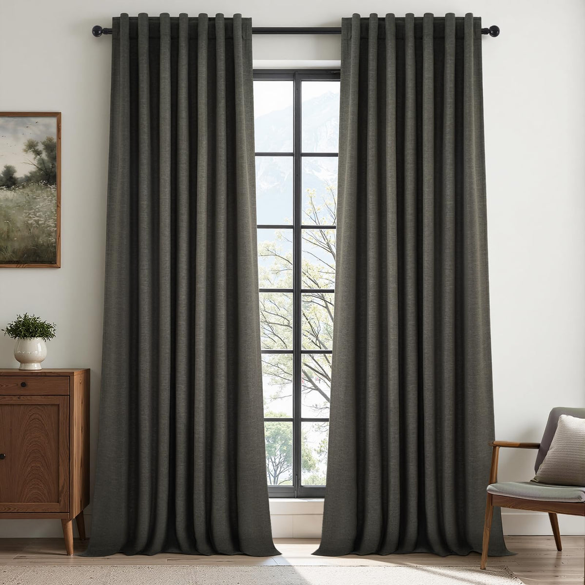 Topfinel Grey Linen Blackout Curtains setup for sliding doors, ready to install