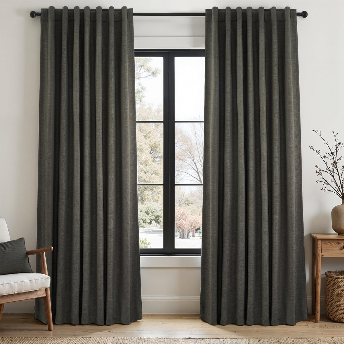 Topfinel linen-textured curtains in charcoal blocking light for undisturbed sleep