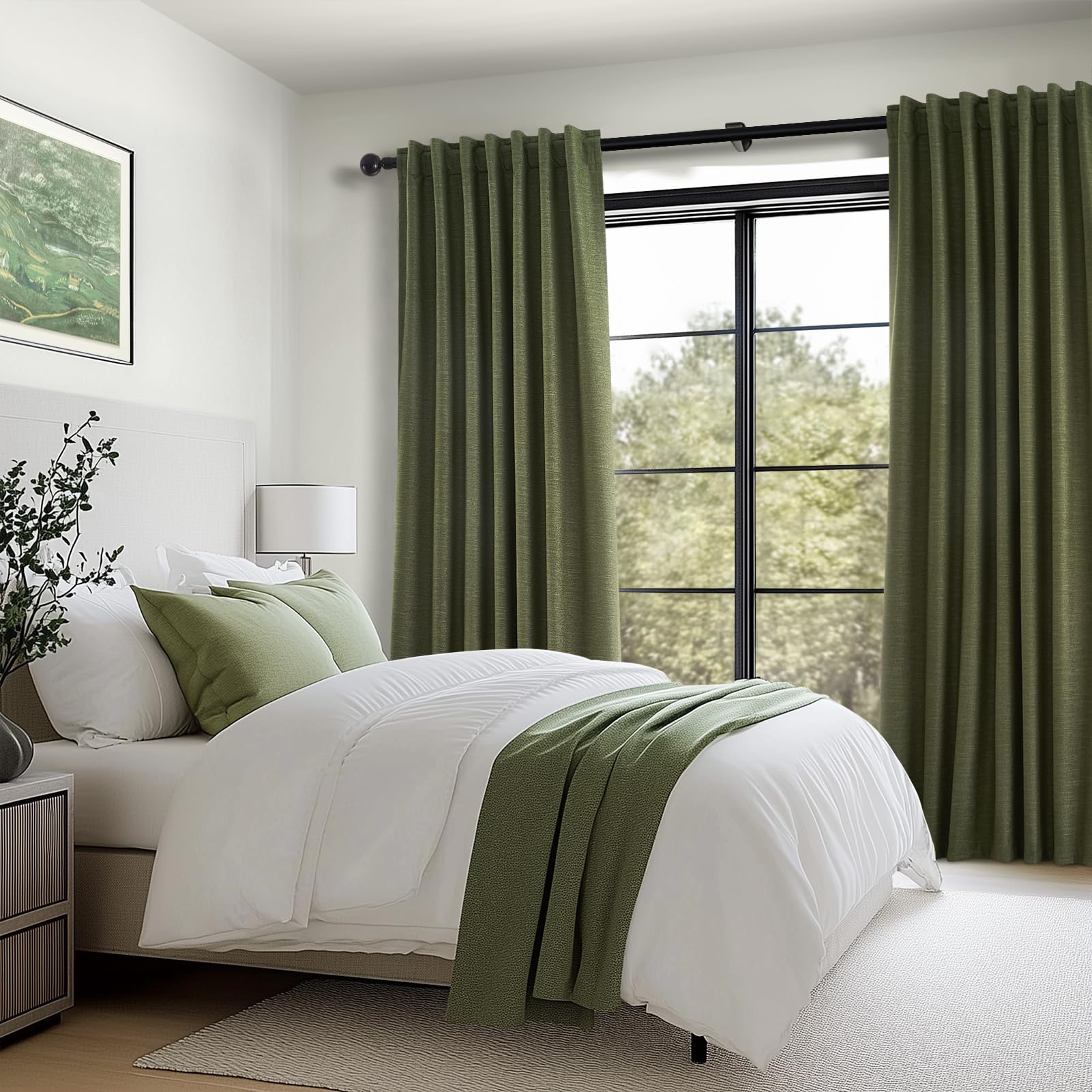 Topfinel living room boho decor with olive green curtains framing a window.