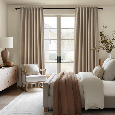 Machine washable curtain fabric designed for easy home maintenance.