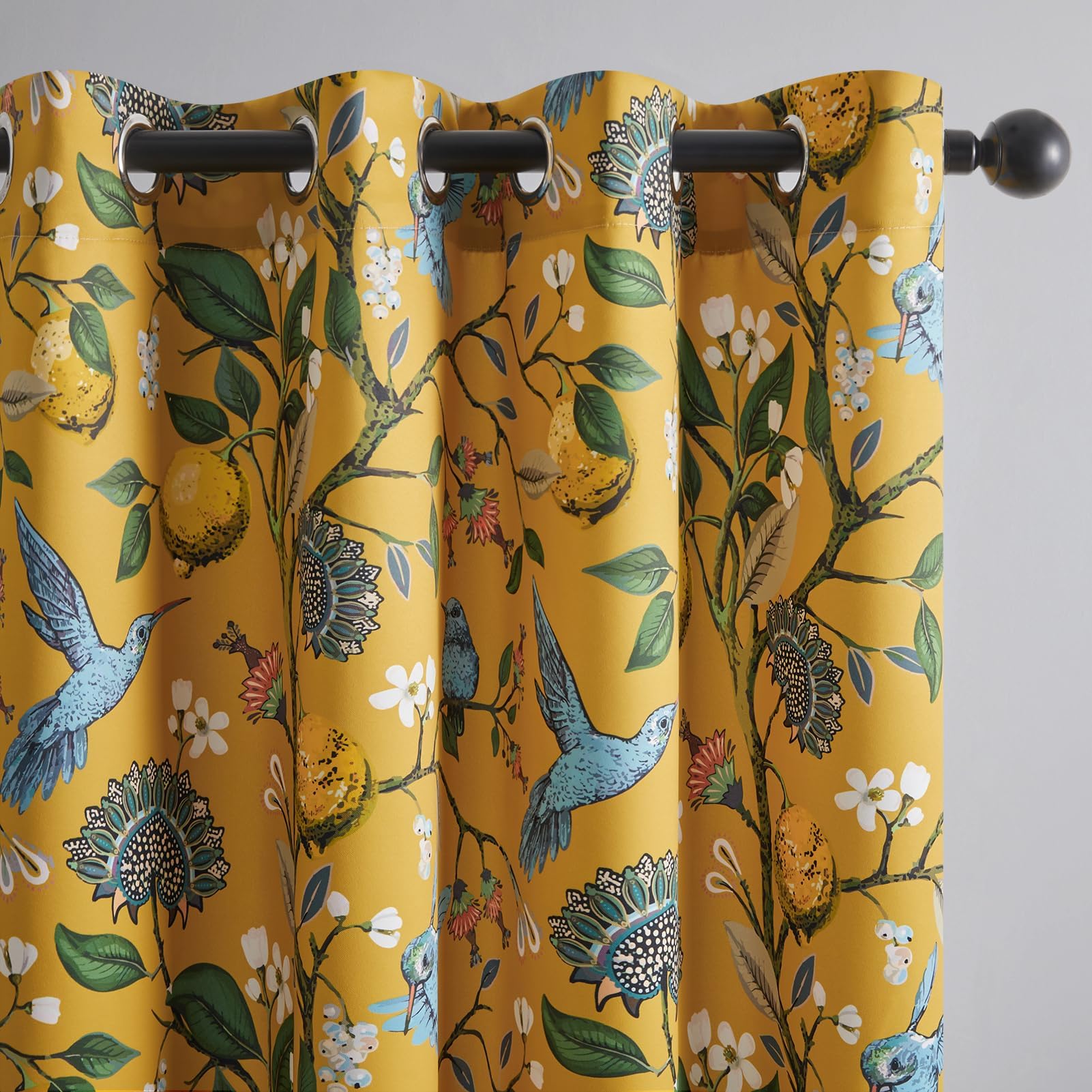 Topfinel mustard yellow curtains with hummingbird pattern for whimsical living room privacy and light diffusion.