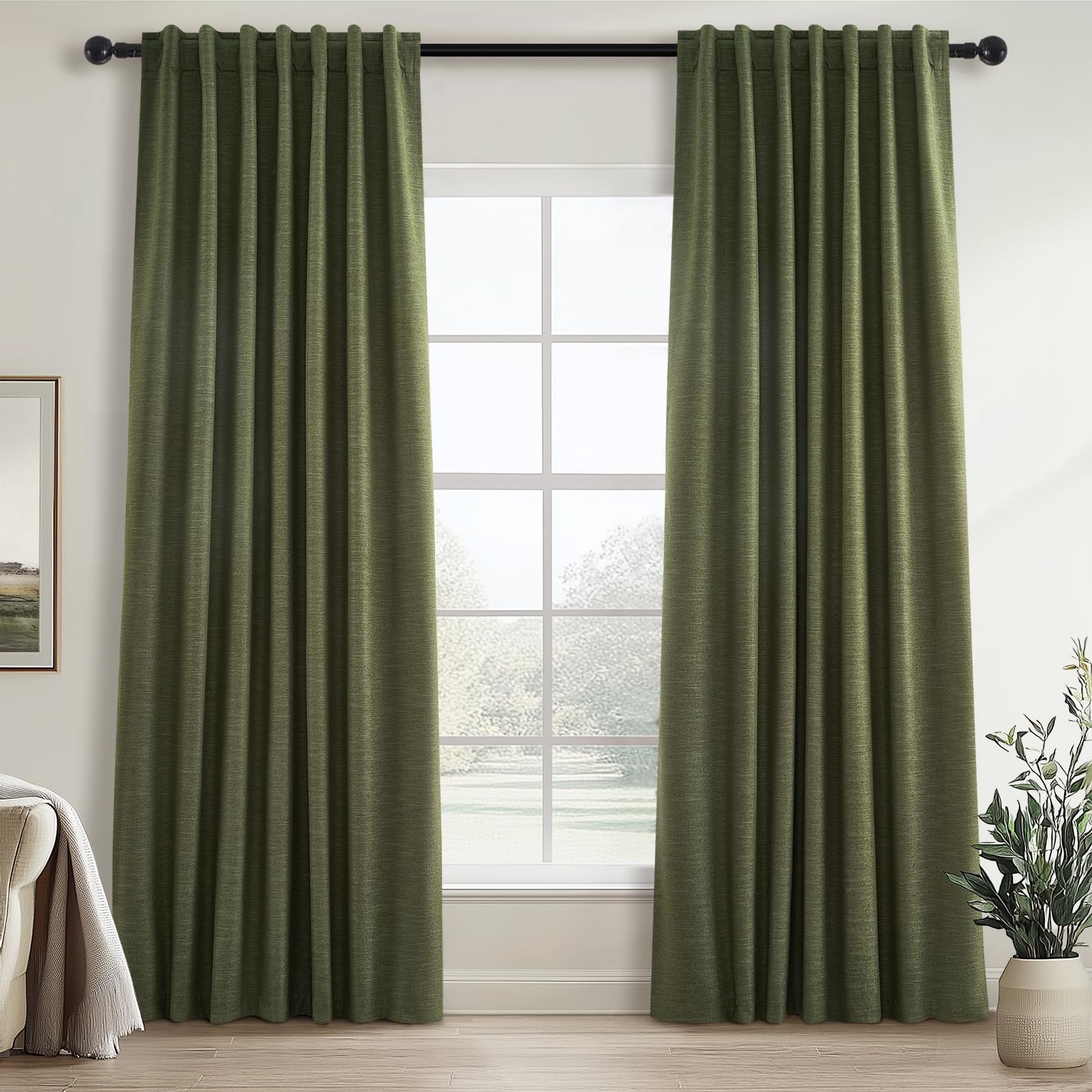 Topfinel olive green linen blackout curtain close-up showing textured weave for natural room darkening.