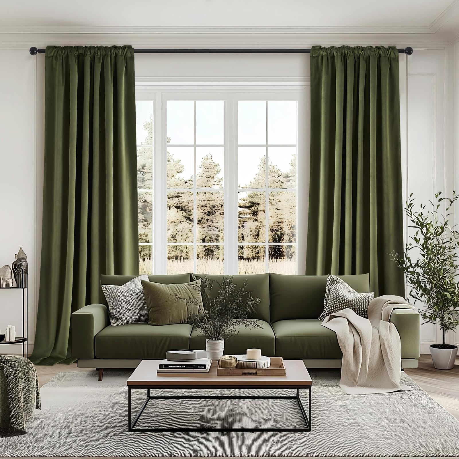 Topfinel olive green velvet curtain back-tab hanging enables easy installation